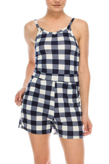 AMBITION Spaghetti Strap Gingham Romper with Pockets Navy Blue