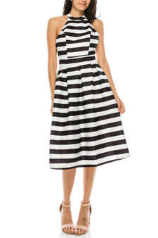 AMBITION Classic Black & White Stripe Sleeveless Midi Dress Fit & Flare Style
