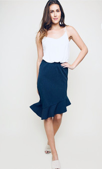 UMGEE Pinstripe Skirt with Asymmeterical Ruffle Hem in Navy