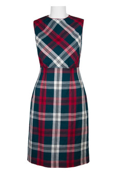 Anne Klein Crew Neck Sleeveless Zipper Back Multi Chekered Pattern Cotton/Linen Dress