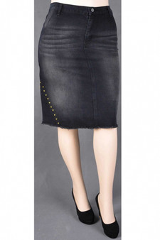 BE GIRL Plus Size Stretch Black Denim Knee Length Skirt With Fray Hem