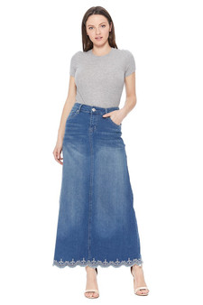BR GIRL Stretch Denim A-Line Long Skirt with a Scalloped Embroidered Hem