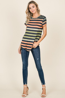 BOMBOM STRIPED SHORT SLEEVE CASUAL TOP WITH ROUND HEM