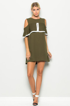 COLD SHOULDER SHORT SLEEVE DRESS IN OLIVE COLOR WITH CONTRASTING TRIM