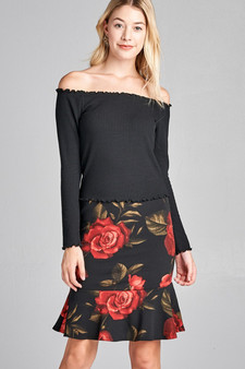ACTIVE BASIC Peplum Hem Knee Length Skirt with Floral Print In 2 Colors