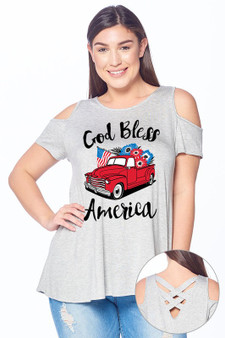 Plus Size Americana God Bless America Tee Cold Shoulder Gray
