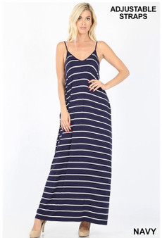 STRIPED V-NECK CAMI MAXI DRESS WITH POCKETS 
