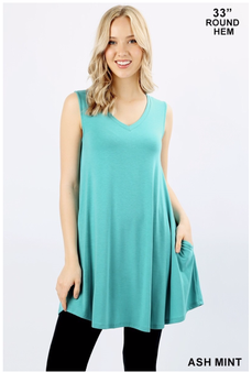 V-NECK ROUND HEM SLEEVELESS FLARED TUNIC WITH POCKETS 2 COLORS AVAILABLE