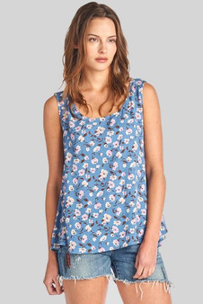 Blue Floral Tie Back Open Top Sleeveless