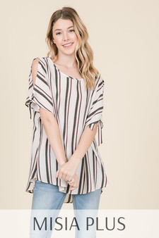 Plus Size Short Sleeve, Striped Top with Sleeve Tie Detail