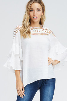 BLUSHING HEART Tiered Ruffle Sleeve Top with Crochet Neck Line Off White