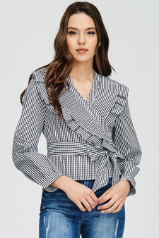 Gingham Box Pleat Wrap Blouse