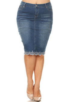 BR GIRL Plus Size Stretch Denim Knee-Length Skirt Relaxed Fit with Scalloped Embroidery Hem