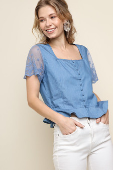 GIGIO Denim Buton Front Top with Lace Sleeves
