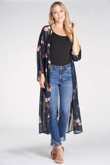Sheer Print Long Kimono in Navy or Light Gray