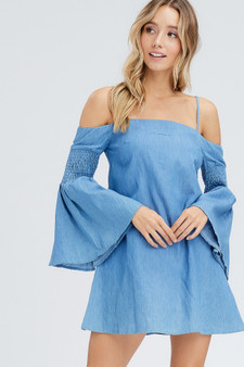 BLUSHING HEART Cold Shoulder Mini Dress with Smocked Bell Sleeves and Spaghetti Straps