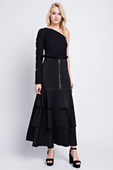 BLUSHING HEART Tiered Maxi Skirt With Zipper Detail and Micro Ruffle Waist