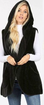 HOODED FAUX FUR COCOON VEST WITH SIDE POCKETS 3 COLORS AVAILABLE