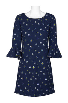 Nina Leonard Boat Neck Circular Flounce Sleeve Zipper Back Stretch Crepe Dress