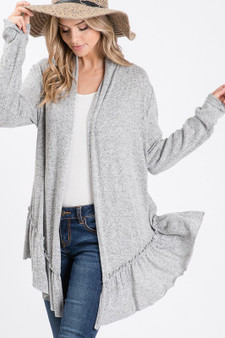 RED LOLLY Soft Sweater Knit Ruffled Peplum Cardigan