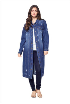 BLUE AGE Long Denim Distressed Jacket with Pockets