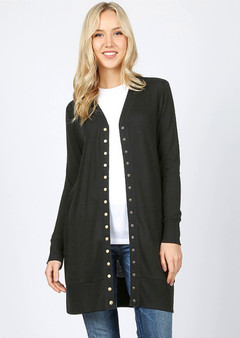 THIGH LENGTH SNAP CLOSURE CARDIGAN BLACK