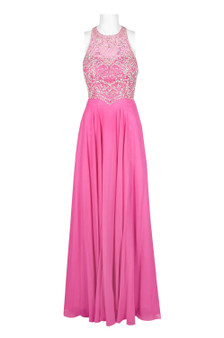 Dave & Johnny Halter Neck Cutout Back Embellished Bodice Chiffon Dress