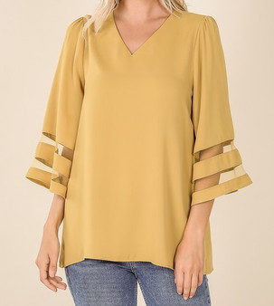 WOVEN DOBBY MESH PANEL 3/4 BELL SLEEVE V-NECK TOP