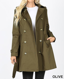 DOUBLE BREASTED THIGH LENGTH TRENCH COAT OLIVE COLOR