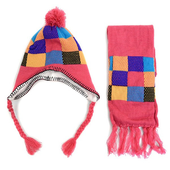 Kid's Knitted Patwork Print Ear Flap Pom Scarf,Hat Set