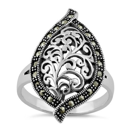 Sterling Silver Unique Leaf Marcasite Ring
