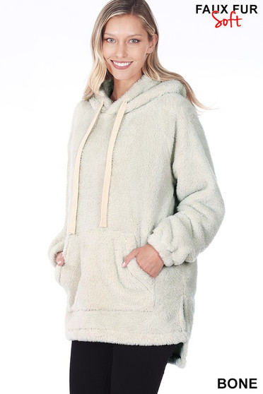 HOODED FAUX FUR KANGAROO POCKETS PULLOVER