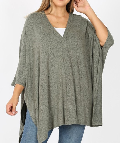PLUS SIZE OVERSIZE V-NECK PONCHO MELANGE FABRIC 3 Colors