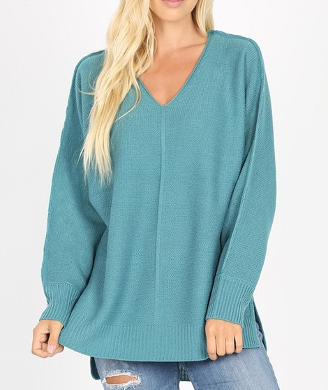 PLUS SIZE  SEAM DETAILED V-NECK SWEATER RIBBED TRIM