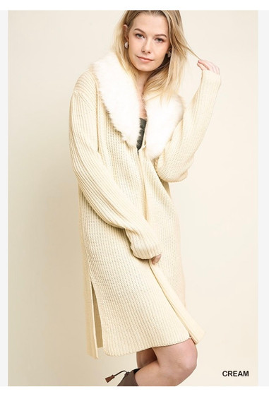 Long Sleeve Knit Open Front Cardigan with Removable Faux Fur Collar