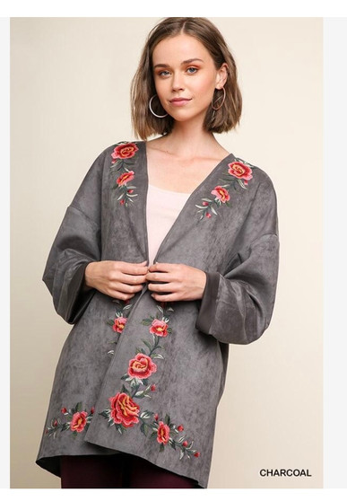 Floral Embroidered Open Front Faux Suede Jacket with Cuffed Long Sleeves