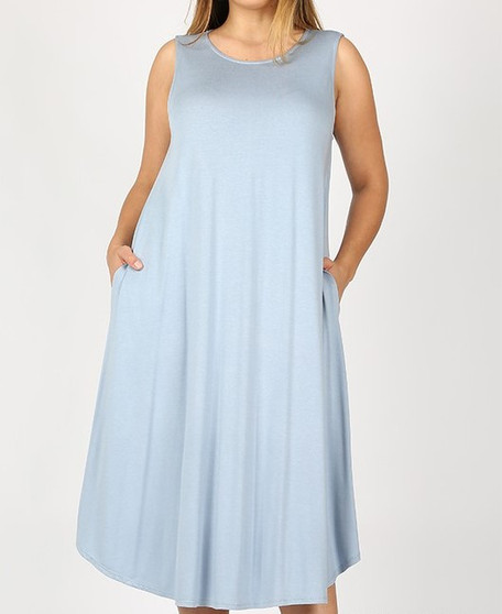 PLUS VISCOSE SLEEVELESS ROUND NECK DRESS BLUE