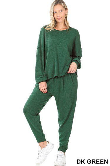 FRENCH TERRY DROP SHOULDER TOP & LOUNGE PANTS SET DARK GREEN