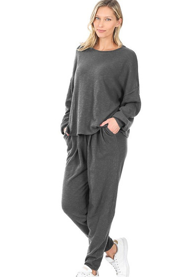FRENCH TERRY DROP SHOULDER TOP & LOUNGE PANTS SET MEDIUM GRAY