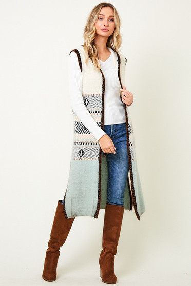 ON BLUE Hooded Sweather Vest Long Cardigan Aztec Pattern