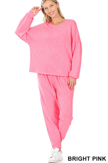 FRENCH TERRY DROP SHOULDER TOP & LOUNGE PANTS SET BRIGHT PINK