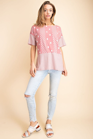 MITTOSHOP POLKA DOT & STRIPE MIXED SIDE SLIT KNIT TOP