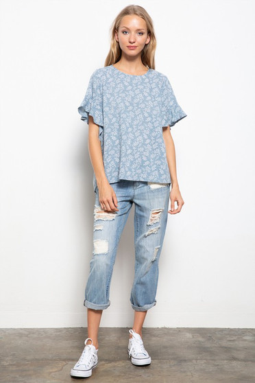 MITTOSHOP DITSY FLORAL RUFFLED SLEEVES WOVEN TOP
