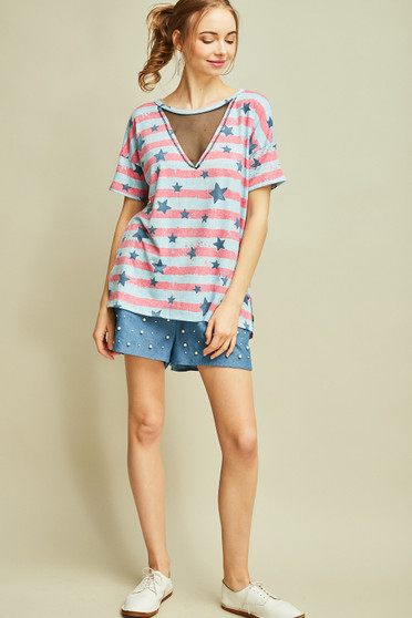 Entro Stars & Stripe Top with Mesh Insert