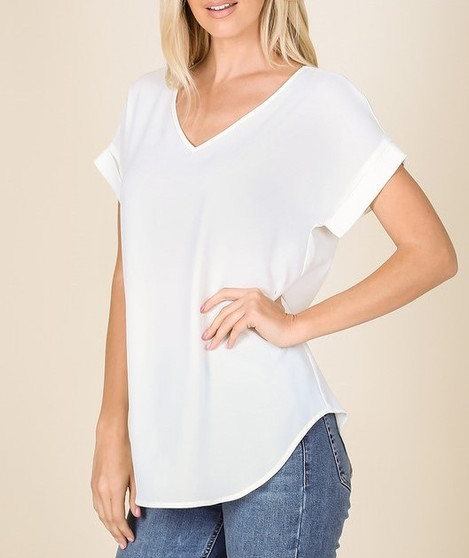 PLUS SIZE WOVEN SHORT CUFF SLEEVE V-NECK TOP AVAILABLE IN 3 COLORS