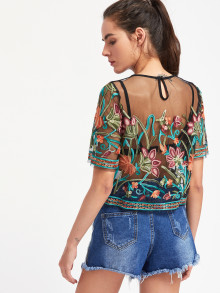 Hand Embroidery Sheer Overlay Top