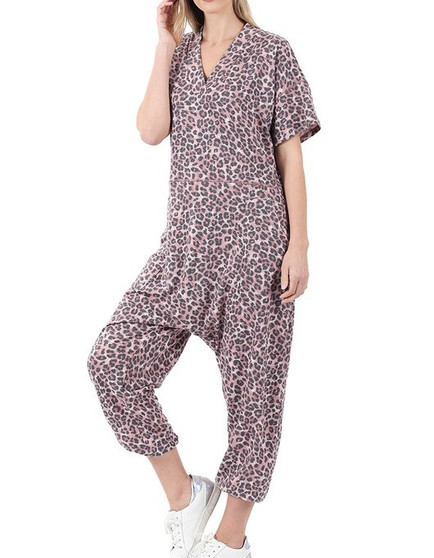 SOFT FRENCH TERRY LEOPARD V-NECK JUMPSUIT