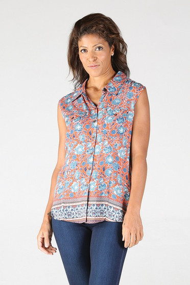 Button Down Sleeveless Shirt with Collar and Tie Back