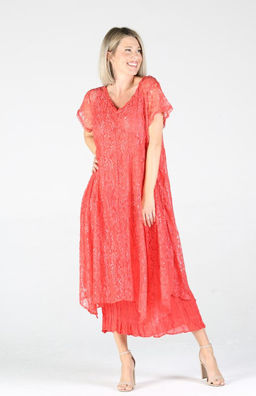 APRON LAYER DRESS WITH LACE OVERLAY AND CAP SLEEVES