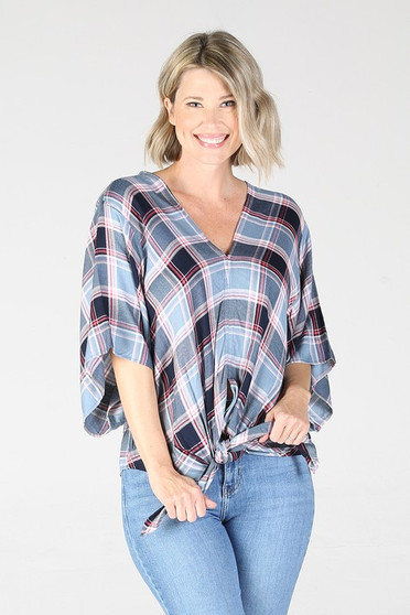 FRONT TIE LOOSE FIT PLAID BLOUSE